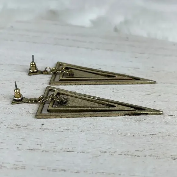 Gold Tone Tiered Triangle Cairo Dangle Earrings Black Geo Geometric Boho Jewelry - Picture 9 of 16
